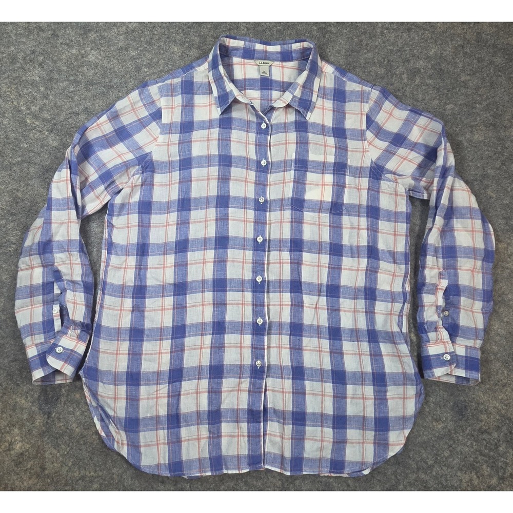 LL Bean Womens Large 100% Linen Button Down Shirt Blue Plaid Long Sleeve